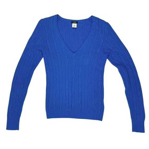 J. Crew Sweater Womens M Blue Cable Knit V Neck Wool Cashmere Preppy Winter Wear - Picture 1 of 13